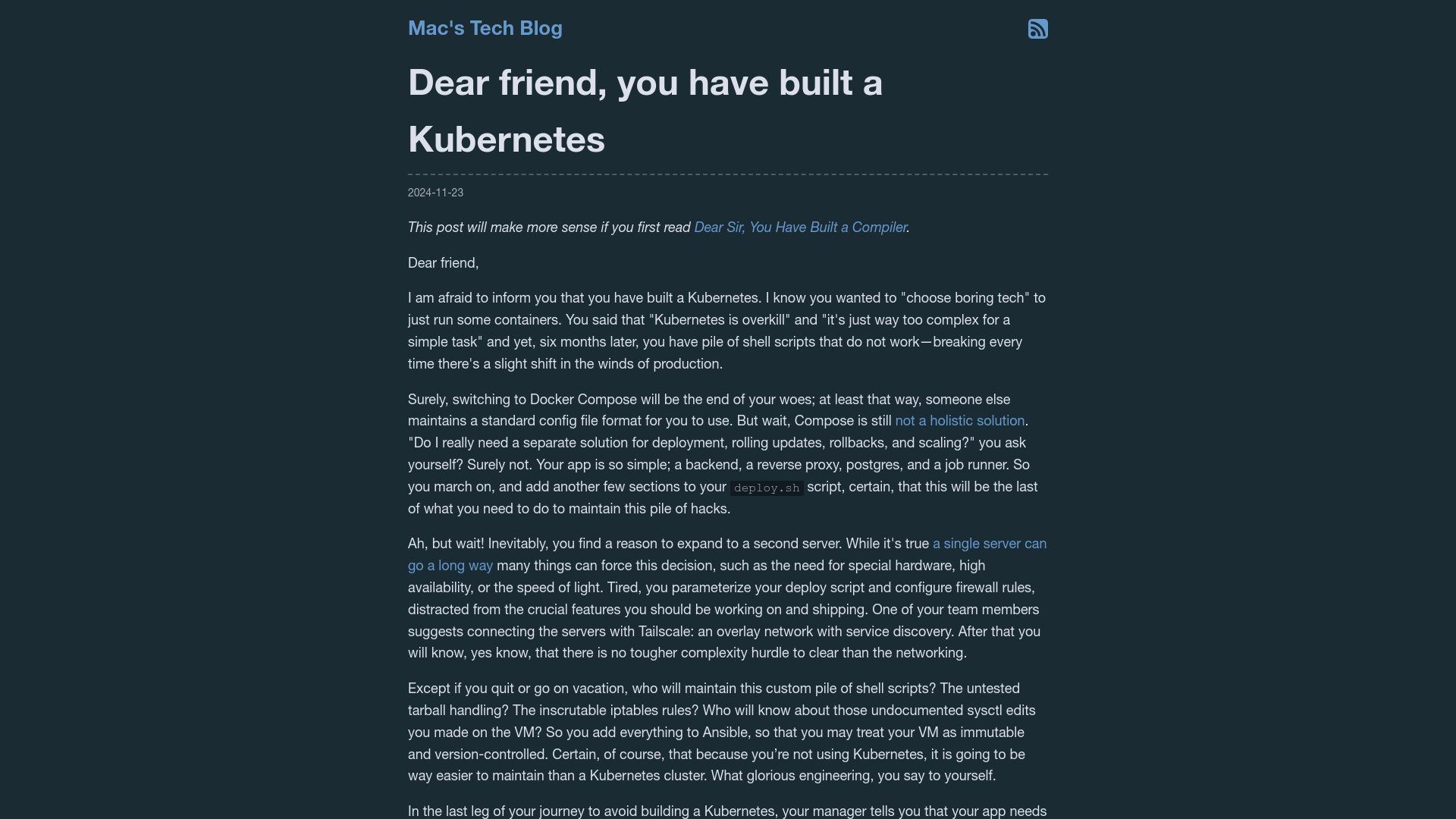 Screenshot of macchaffee.com: Dear friend, you have built a Kubernetes