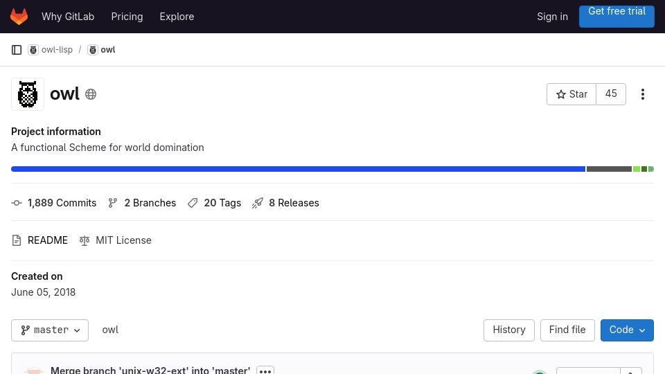 Screenshot of gitlab.com: Owl Lisp – A functional Scheme for world domination