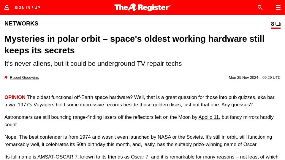 Screenshot of theregister.com: Mysteries in polar orbit – space's oldest working hardware keeps its secrets