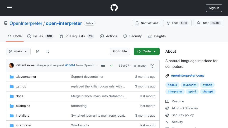 Screenshot of github.com: Open-interpreter: A natural language interface for computers