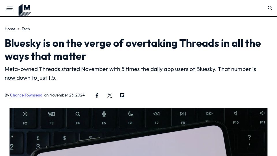 Screenshot of mashable.com: Bluesky is on the verge of overtaking Threads in all the ways that matter