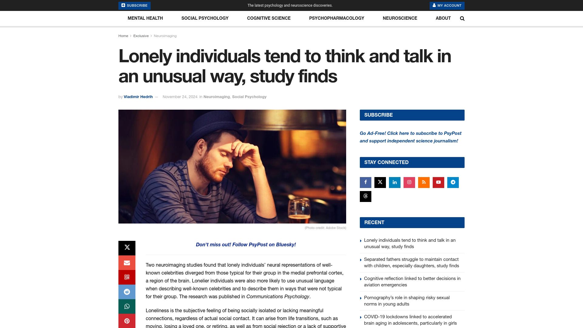 Screenshot of psypost.org: Lonely individuals tend to think and talk in an unusual way, study finds