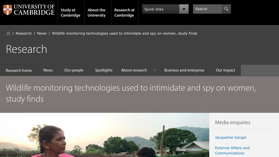 Screenshot of cam.ac.uk: Wildlife monitoring technologies used to intimidate and spy on women