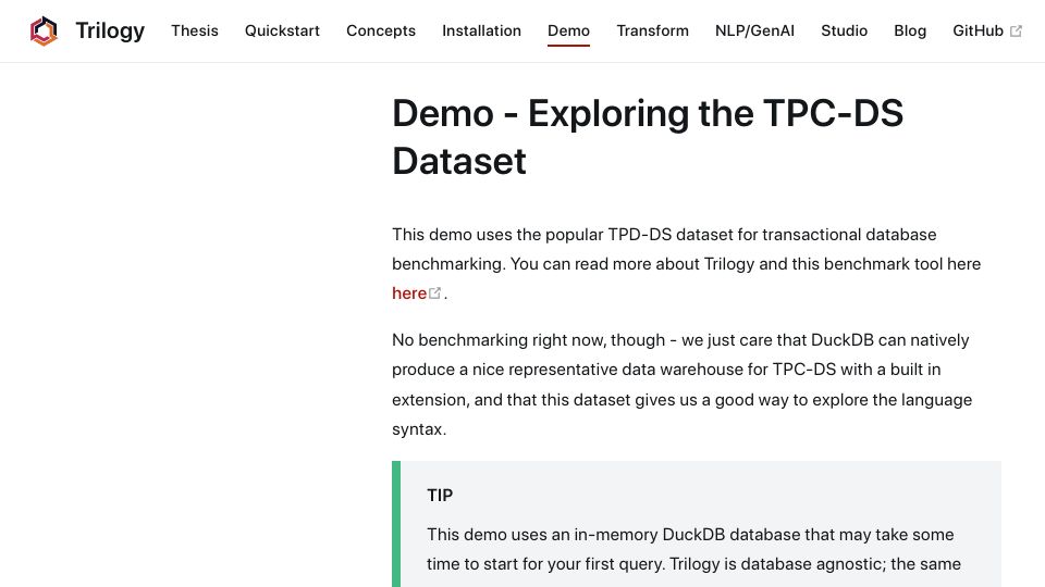 Screenshot of trilogydata.dev: Show HN: Trilogy – A Reusable, Composable SQL Experiment