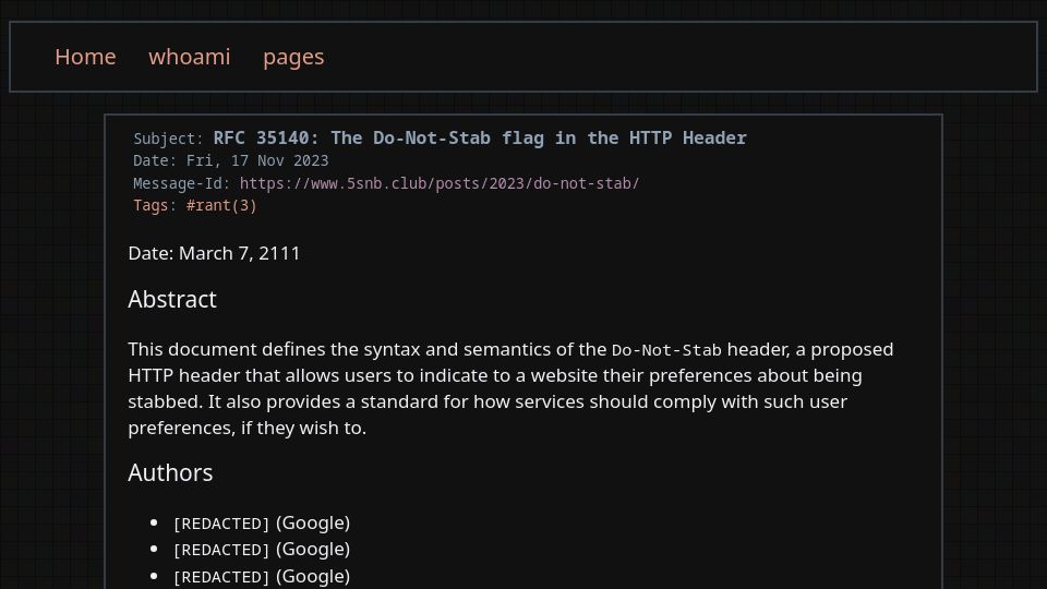 Screenshot of 5snb.club: RFC 35140: HTTP Do-Not-Stab (2023)