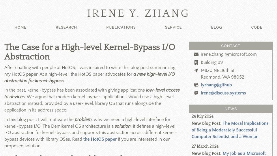 Screenshot of irenezhang.net: The Case for a High-Level Kernel-Bypass I/O Abstraction (2019)