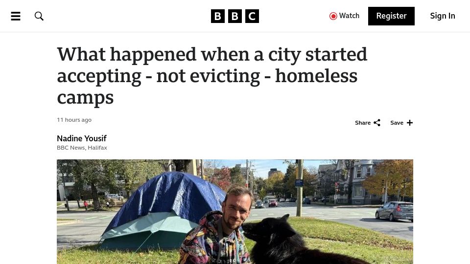Screenshot of bbc.com: What happened when a city started accepting - not evicting - homeless camps