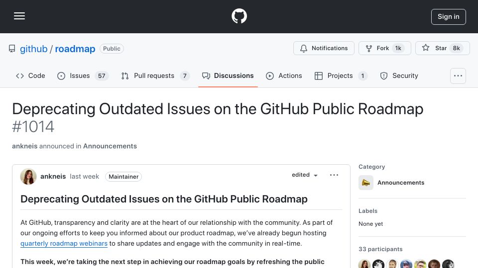 Screenshot of github.com: Deprecating outdated issues on the GitHub public roadmap