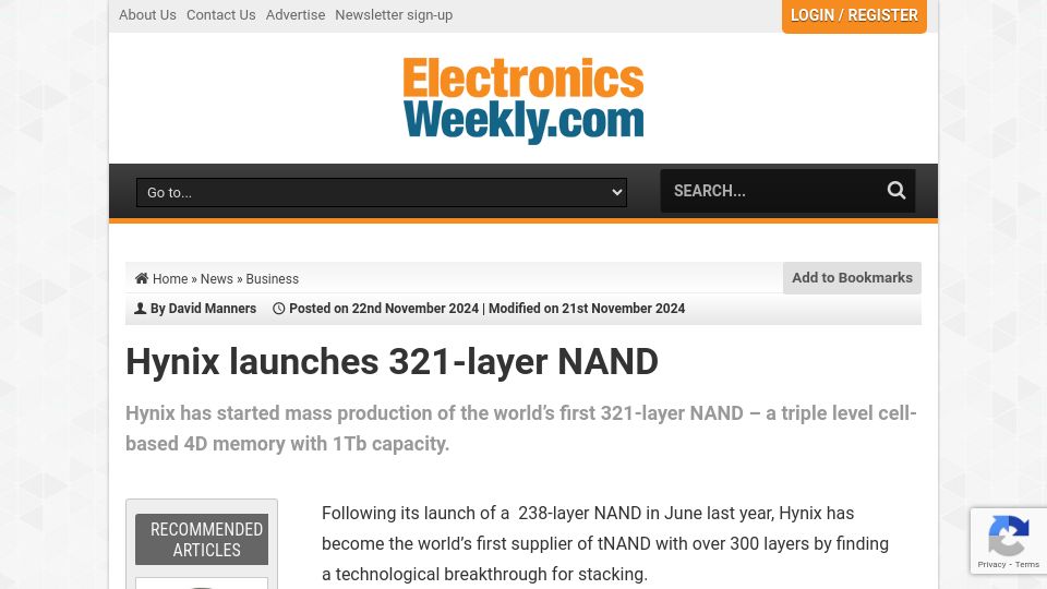 Screenshot of electronicsweekly.com: Hynix launches 321-layer NAND