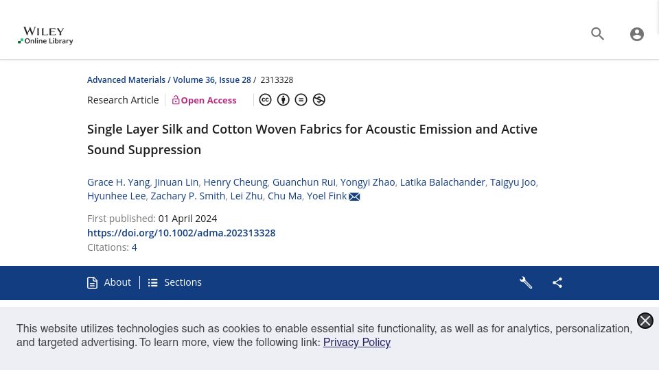 Screenshot of onlinelibrary.wiley.com: Noise-canceling single-layer woven silk and cotton fabric