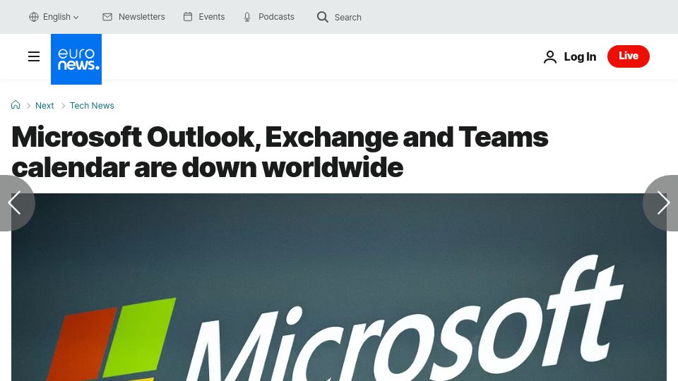 Screenshot of euronews.com: Microsoft Outlook, Exchange and Teams calendar are down worldwide