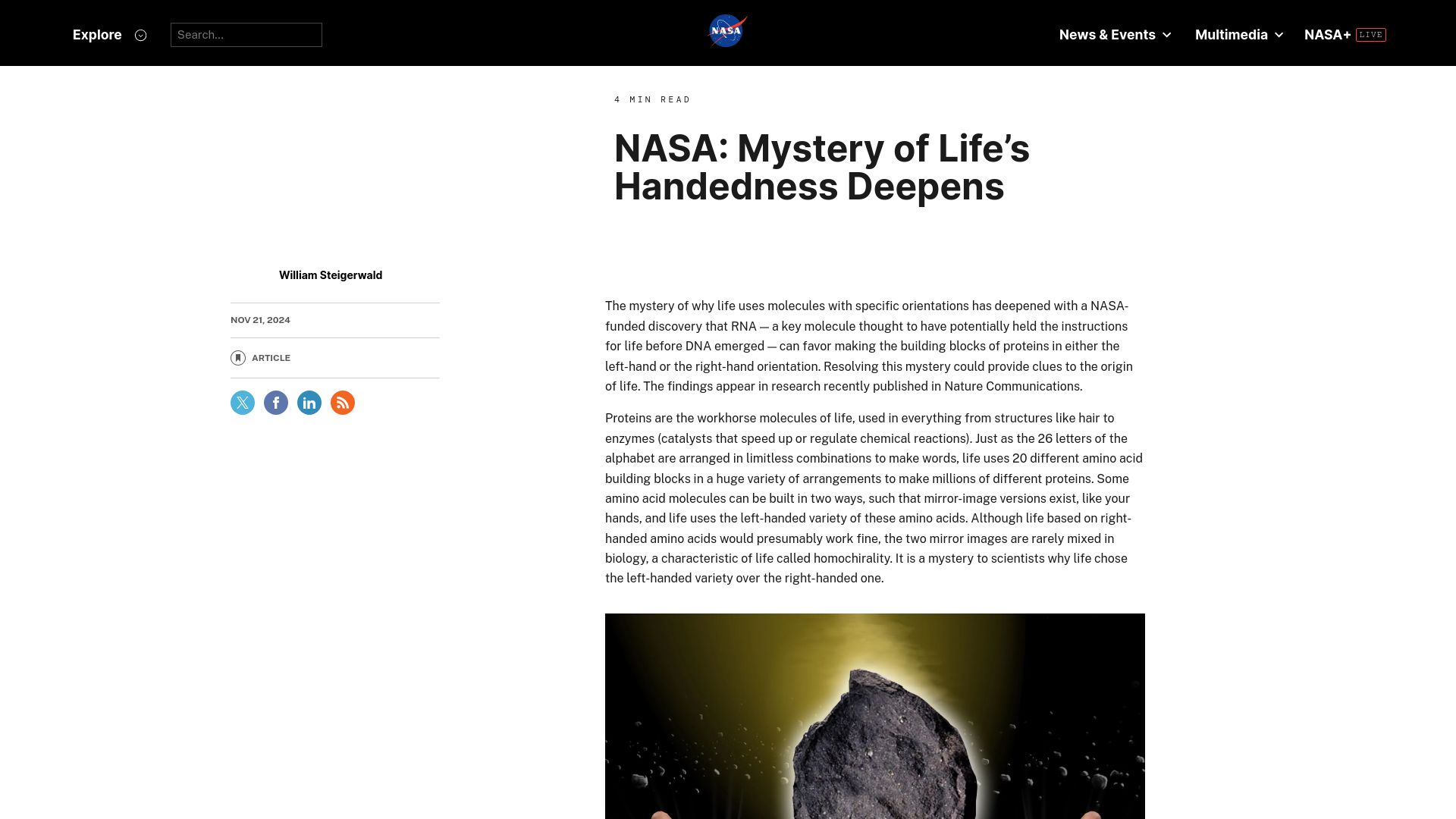 Screenshot of nasa.gov: NASA: Mystery of Life's Handedness Deepens