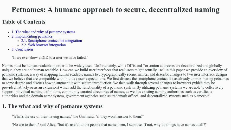 Screenshot of files.spritely.institute: Petnames: A humane approach to secure, decentralized naming