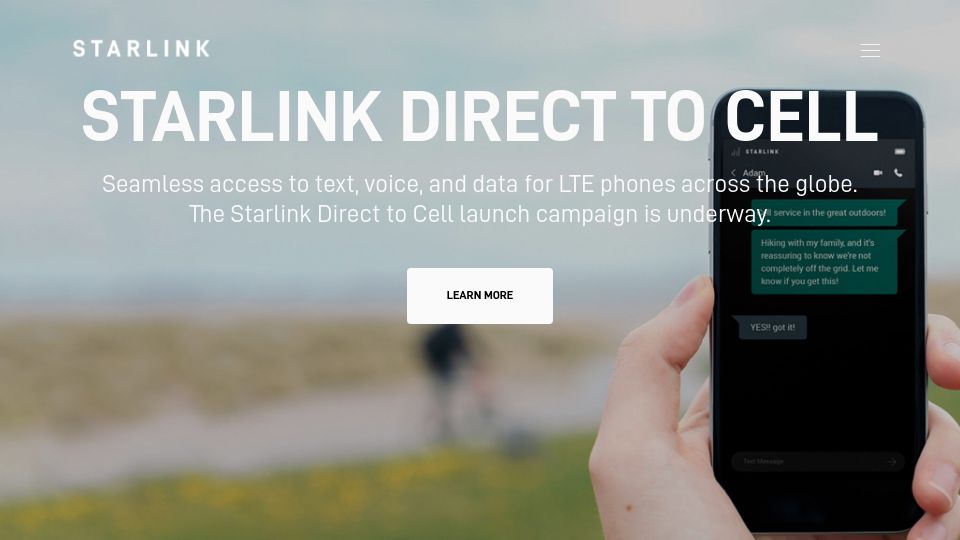 Screenshot of starlink.com: Starlink Direct to Cell