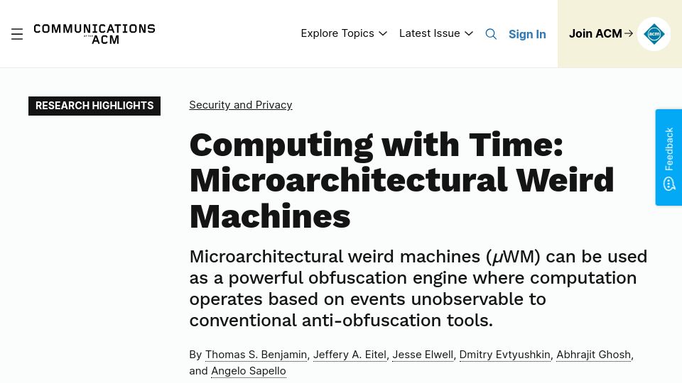 Screenshot of cacm.acm.org: Computing with Time: Microarchitectural Weird Machines