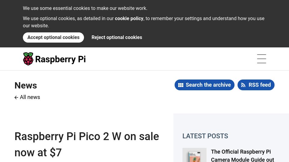 Screenshot of raspberrypi.com: Raspberry Pi Pico 2 W on sale now at $7
