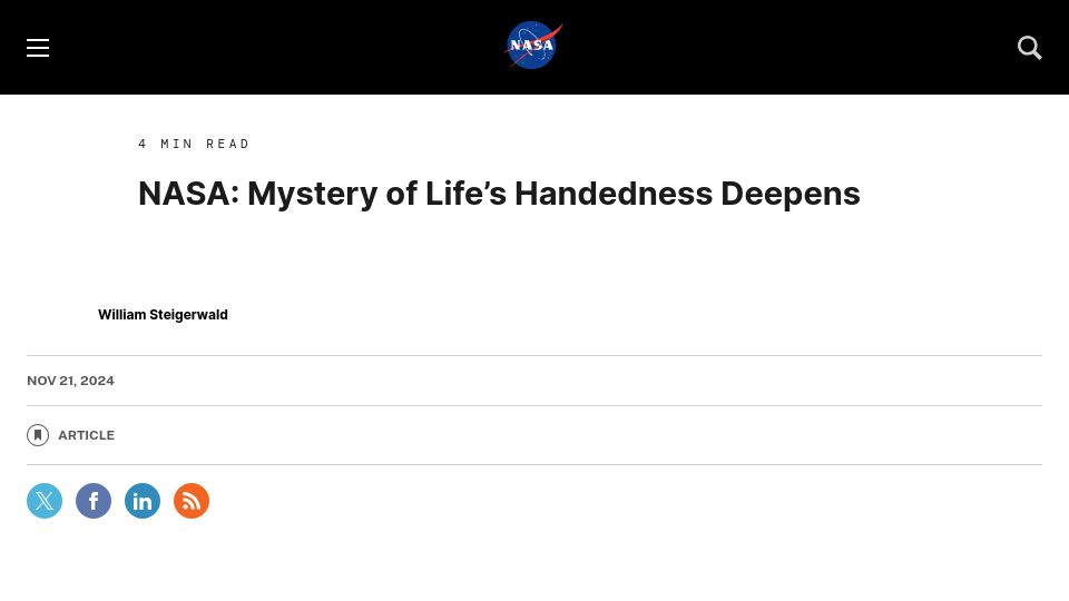 Screenshot of nasa.gov: NASA: Mystery of Life's Handedness Deepens