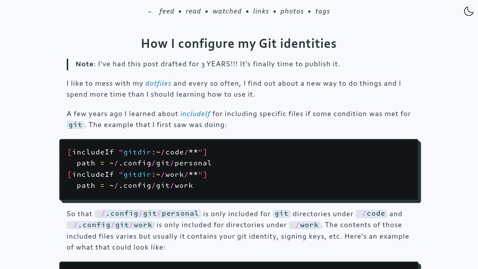 Screenshot of benji.dog: How I configure my Git identities