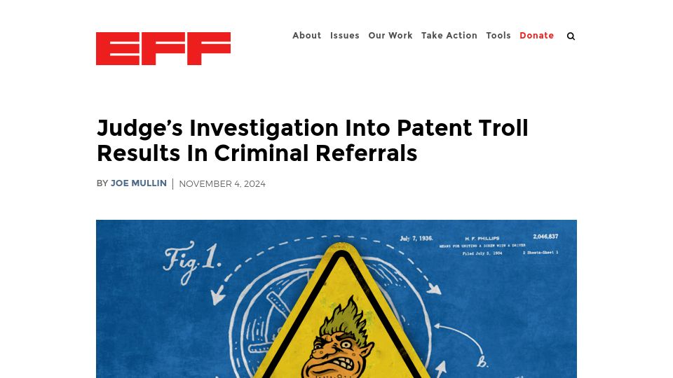 Screenshot of eff.org: Judge's Investigation into Patent Troll Results in Criminal Referrals