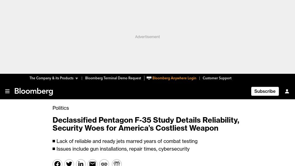 Screenshot of bloomberg.com: Declassified Pentagon F-35 Study Details Reliability, Security Woes
