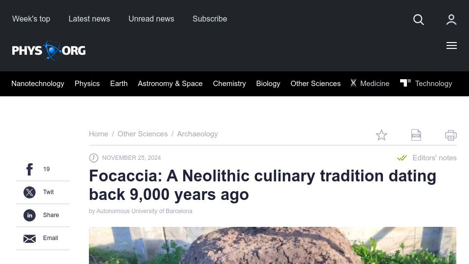 Screenshot of phys.org: Focaccia: A Neolithic culinary tradition dating back 9k years ago