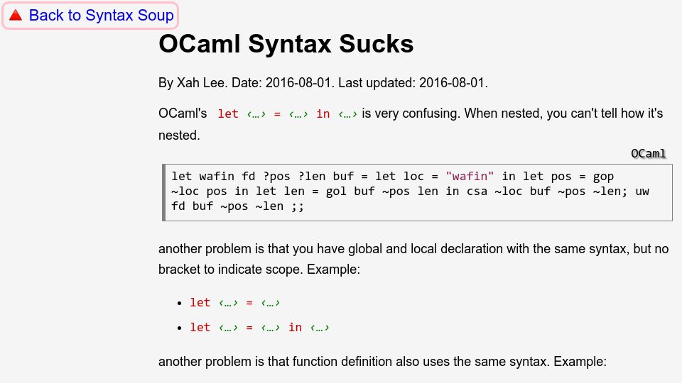 Screenshot of xahlee.info: OCaml Syntax Sucks (2016)