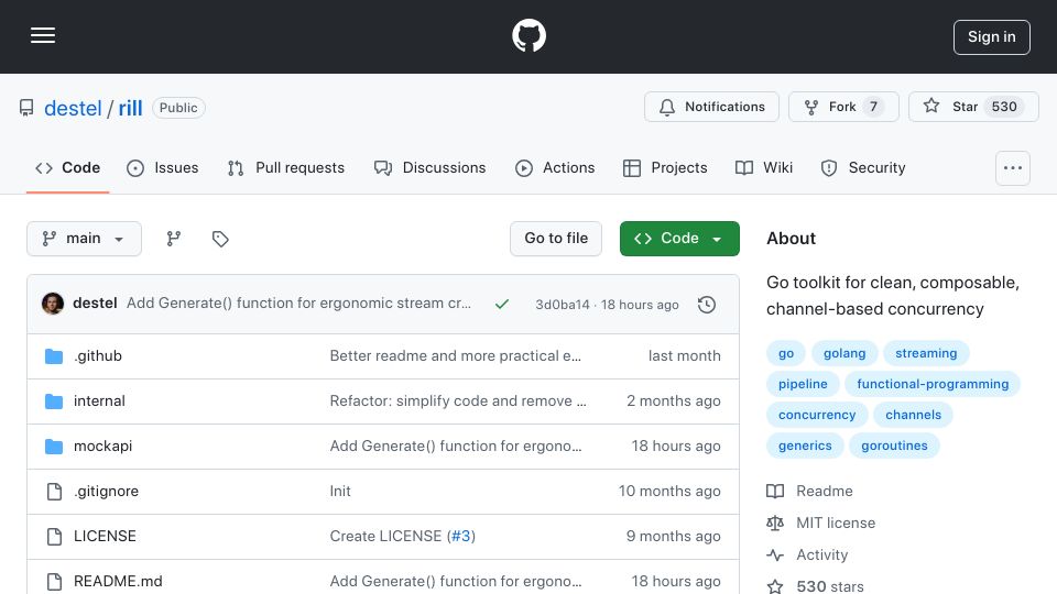 Screenshot of github.com: Show HN: Rill – Composable concurrency toolkit for Go