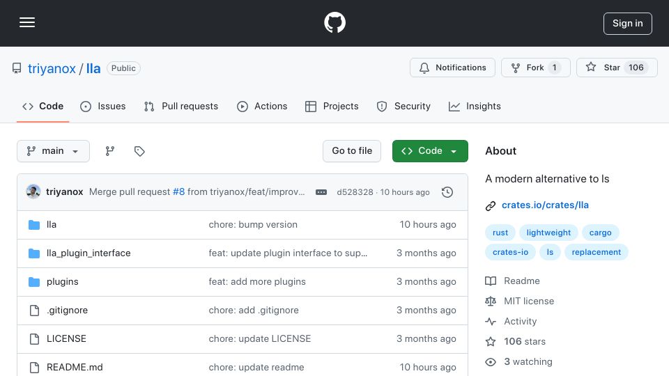 Screenshot of github.com: Show HN: I made an ls alternative for my personal use
