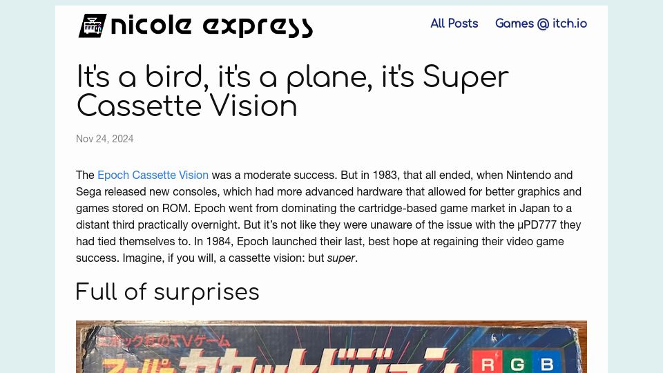 Screenshot of nicole.express: It's a bird, it's a plane, it's Super Cassette Vision