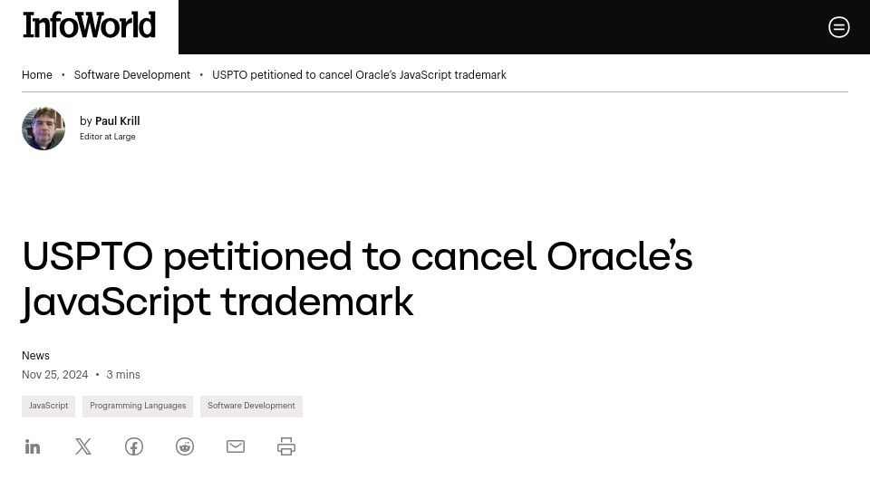 Screenshot of infoworld.com: USPTO petitioned to cancel Oracle's JavaScript trademark