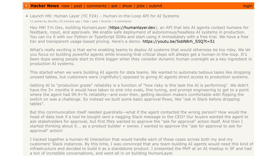 Screenshot of Hacker News post: Launch HN: Human Layer (YC F24) – Human-in-the-Loop API for AI Systems