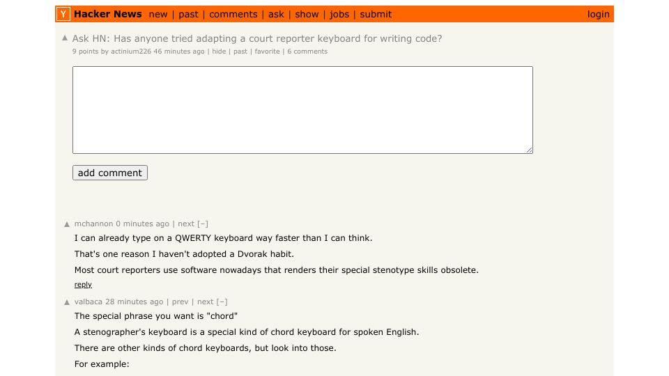 Screenshot of Hacker News post: Ask HN: Has anyone tried adapting a court reporter keyboard for writing code?