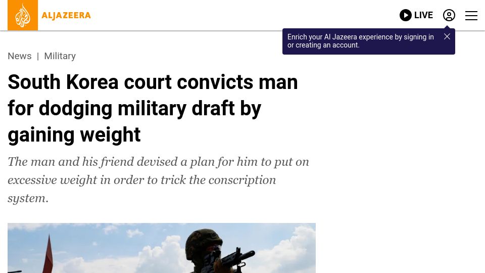 Screenshot of aljazeera.com: South Korea court convicts man for dodging military draft by gaining weight