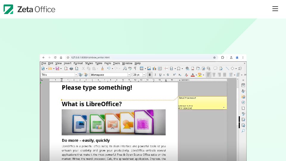 Screenshot of zetaoffice.net: ZetaOffice: LibreOffice in the Browser