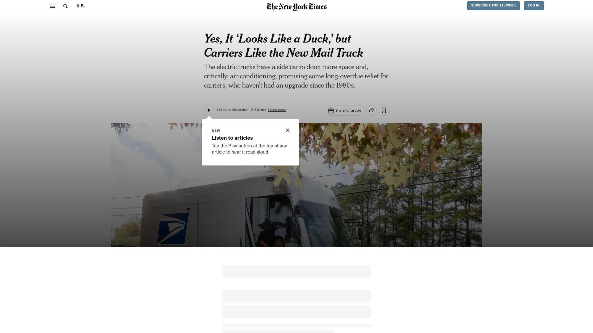 Screenshot of nytimes.com: Yes, it ‘looks like a duck,’ but carriers like the new USPS mail truck