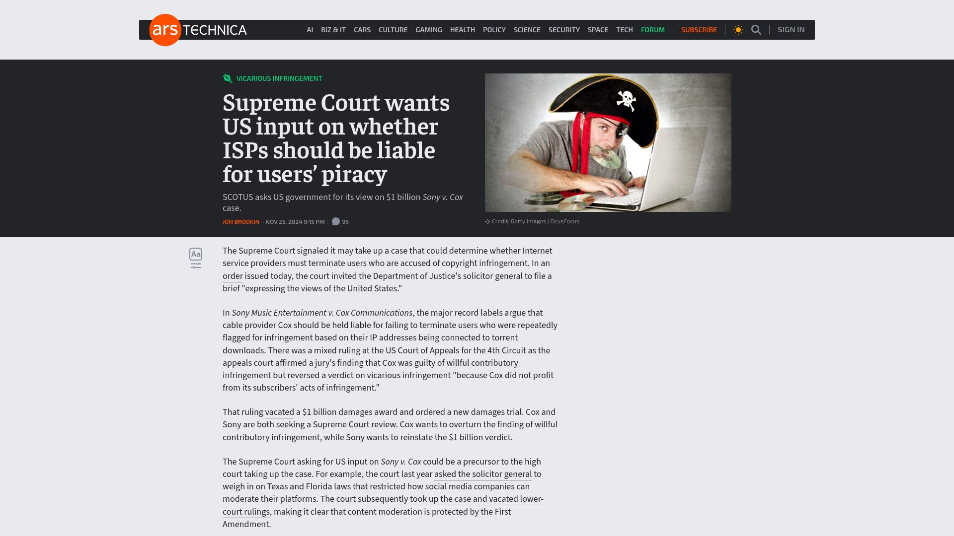 Screenshot of arstechnica.com: Supreme Court wants US input on whether ISPs should be liable for users' piracy