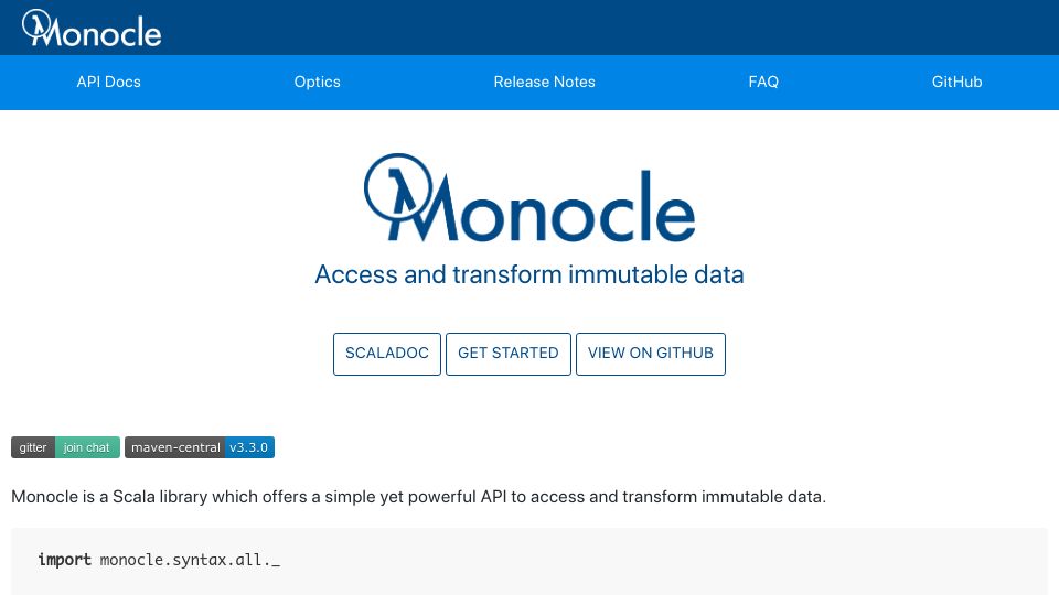 Screenshot of optics.dev: Monocle: Optics Library for Scala