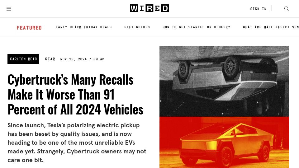 Screenshot of wired.com: Cybertruck's Many Recalls