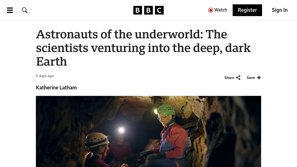 Screenshot of bbc.com: Caving scientists exploring the darkest places on Earth
