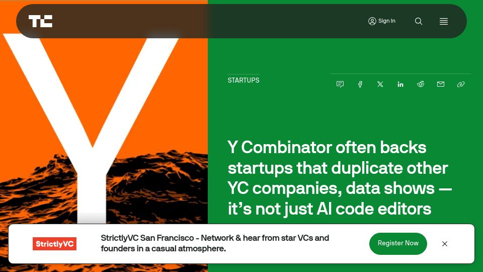 Screenshot of techcrunch.com: Y Combinator often backs startups that duplicate other YC companies, data shows