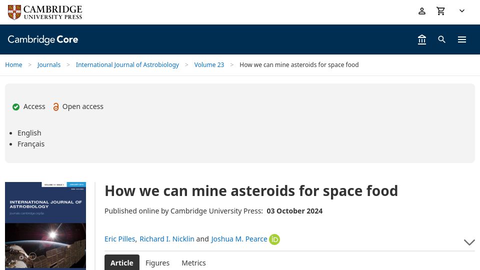 Screenshot of cambridge.org: We can mine asteroids for space food