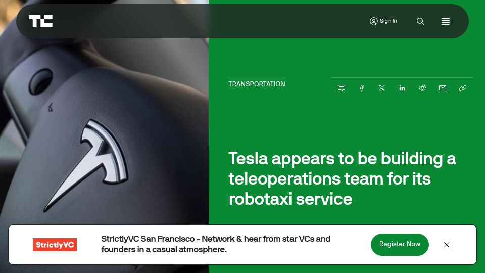 Screenshot of techcrunch.com: Tesla appears to be building a teleoperations team for its robotaxi service