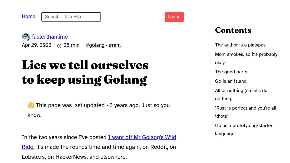 Screenshot of fasterthanli.me: Lies we tell ourselves to keep using Golang (2022)