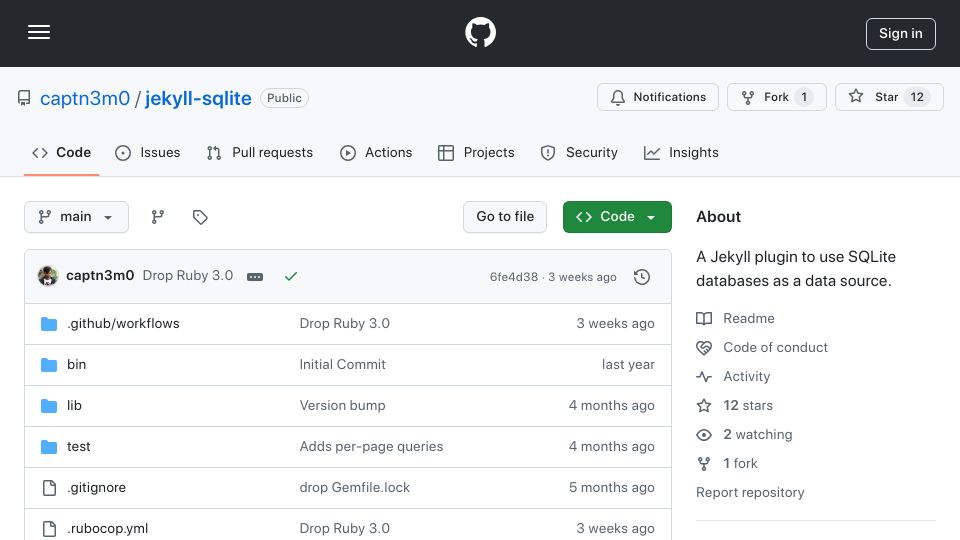 Screenshot of github.com: Show HN: SQLite Plugin for Jekyll