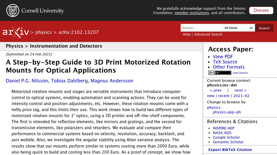 Screenshot of arxiv.org: Guide to 3D Print Motorized Rotation Mounts for Optical Applications (2021)