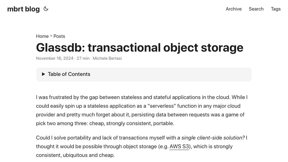 Screenshot of blog.mbrt.dev: Transactional Object Storage?