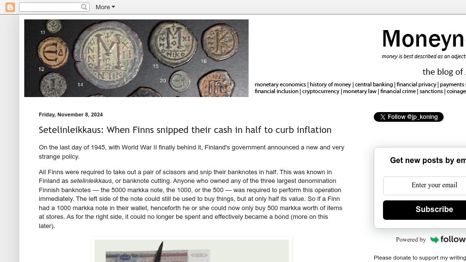 Screenshot of jpkoning.blogspot.com: Setelinleikkaus: When Finns snipped their cash in half to curb inflation