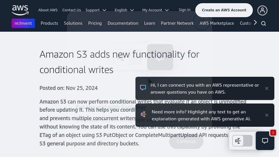 Screenshot of aws.amazon.com: Amazon S3 Adds Put-If-Match (Compare-and-Swap)