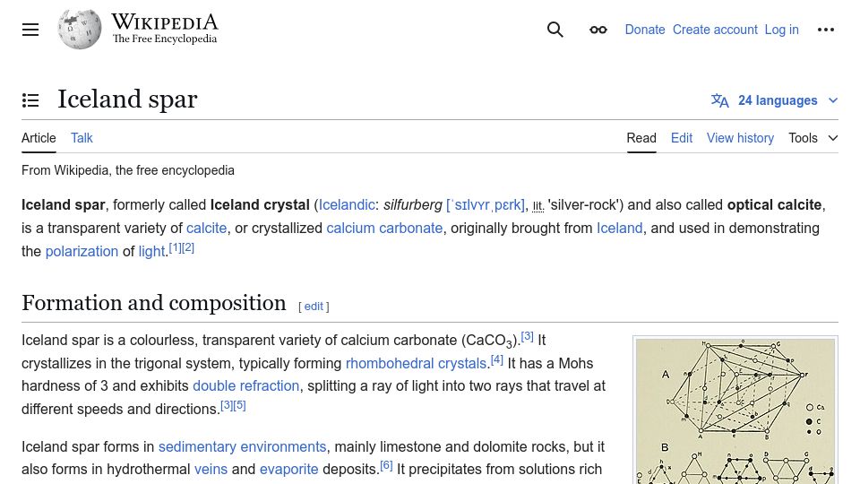 Screenshot of en.wikipedia.org: Iceland Spar