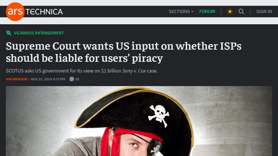 Screenshot of arstechnica.com: Supreme Court wants US input on whether ISPs should be liable for users' piracy